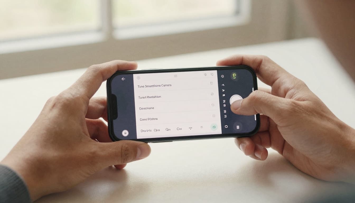 Close-up of hands adjusting resolution and frame rate on smartphone camera app screen on a table, watercolor style with soft blending, warm neutral tones, and visible brush texture.