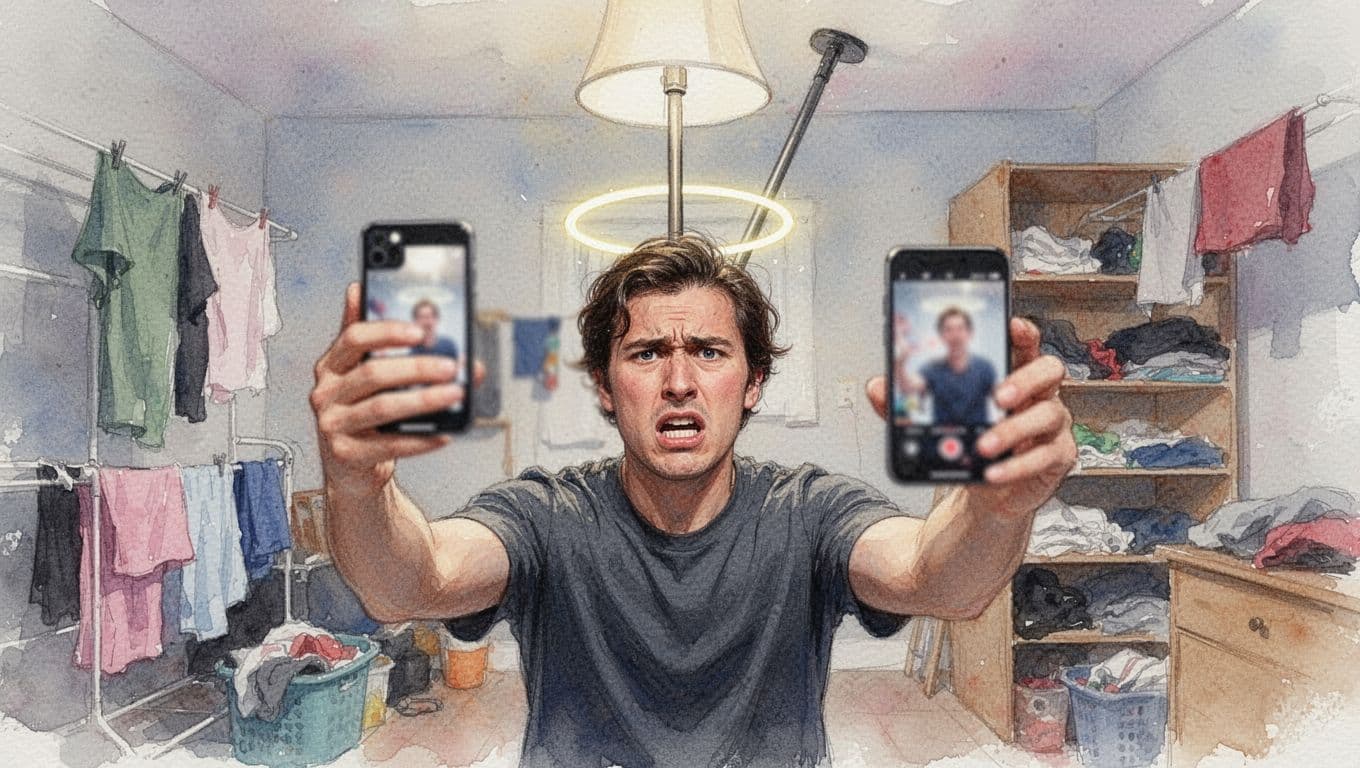 Watercolor-style illustration of a frustrated person holding a smartphone at arm's length to record video indoors, with a pole protruding behind their head like a halo, cluttered background of laundry and shelves, subject small and distant with blurry digital zoom on face.