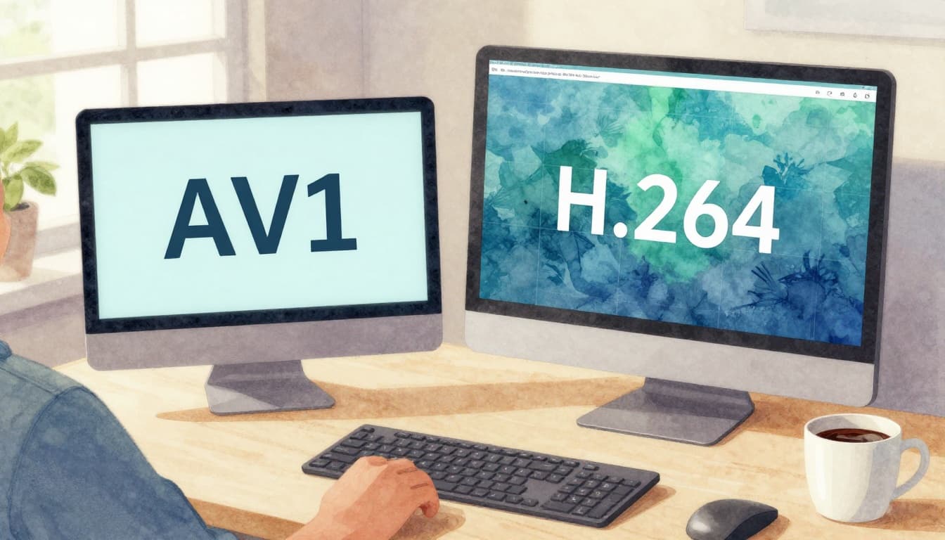 Watercolor-style illustration of a content creator at a desk comparing a small AV1 video file and a large H.264 file on their computer screen, with soft blues and greens, brush strokes, coffee mug, keyboard, and natural window lighting.