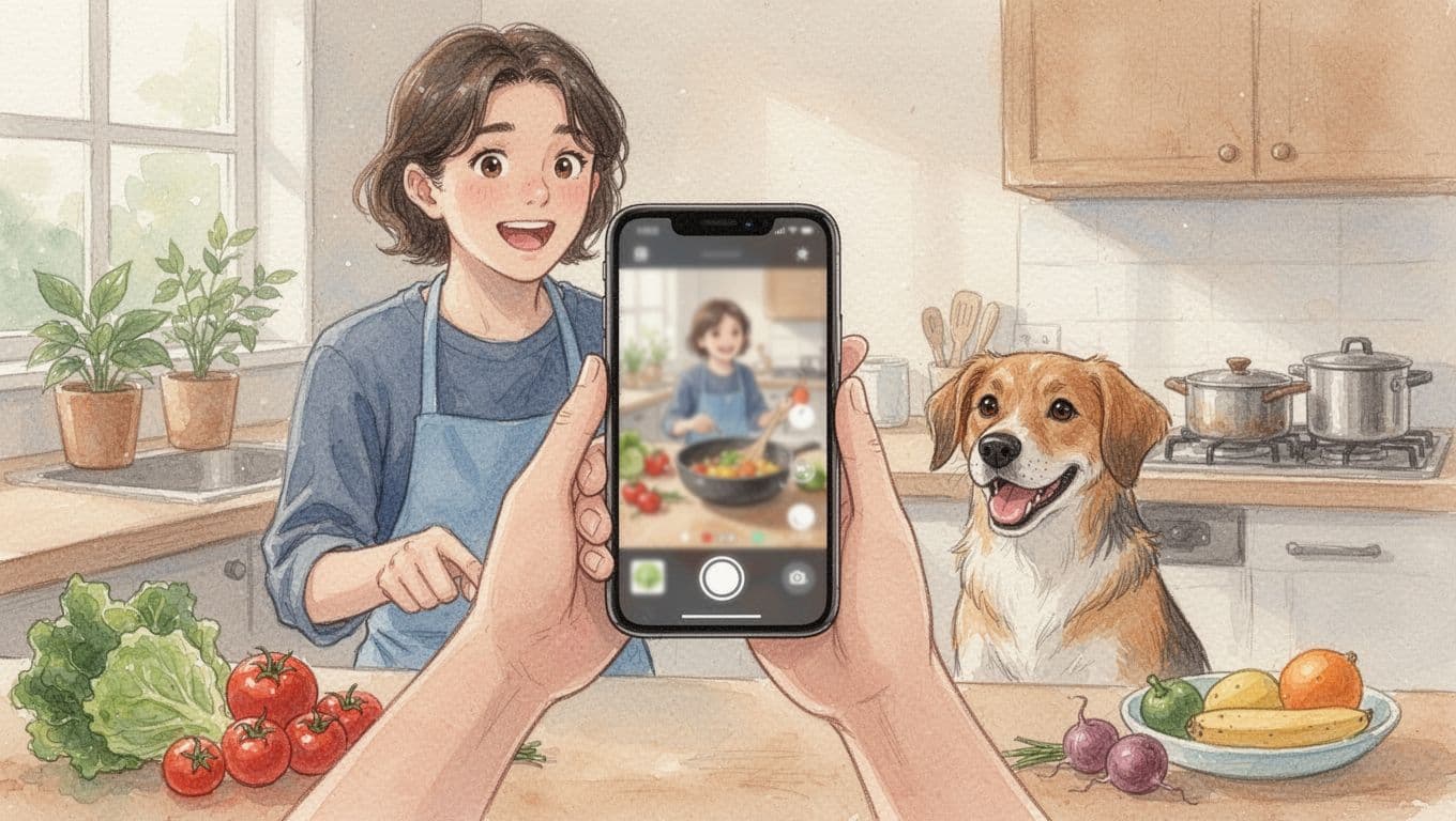 A beginner in a cozy kitchen holds a smartphone vertically to film a quick cooking tip, with a friendly dog sitting nearby watching curiously on simple counters with ingredients. Watercolor style illustration with soft natural light, close composition focusing on the phone.