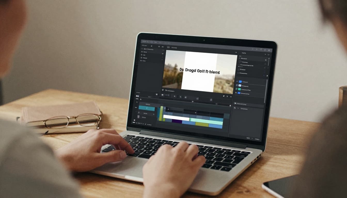 A single person sits relaxed at a desk in a cozy home office, with a laptop open to a simple video editing timeline showing vague drag-and-drop clips. Watercolor style with soft blending and warm neutral tones.