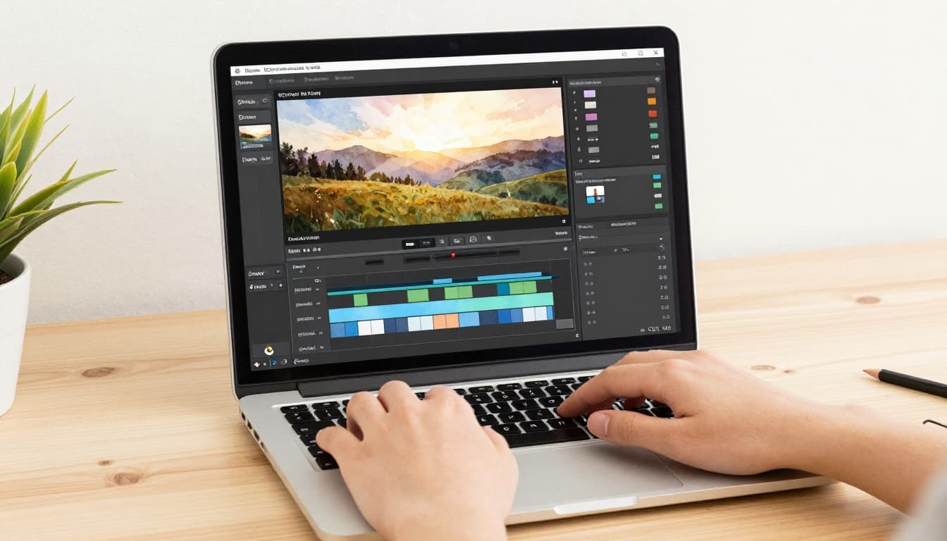 Watercolor-style image of a laptop screen showing a simple video editing interface with timeline, clips, and effects panel, hands resting near the trackpad on a modern desk, conveying an accessible beginner vibe with warm tones.