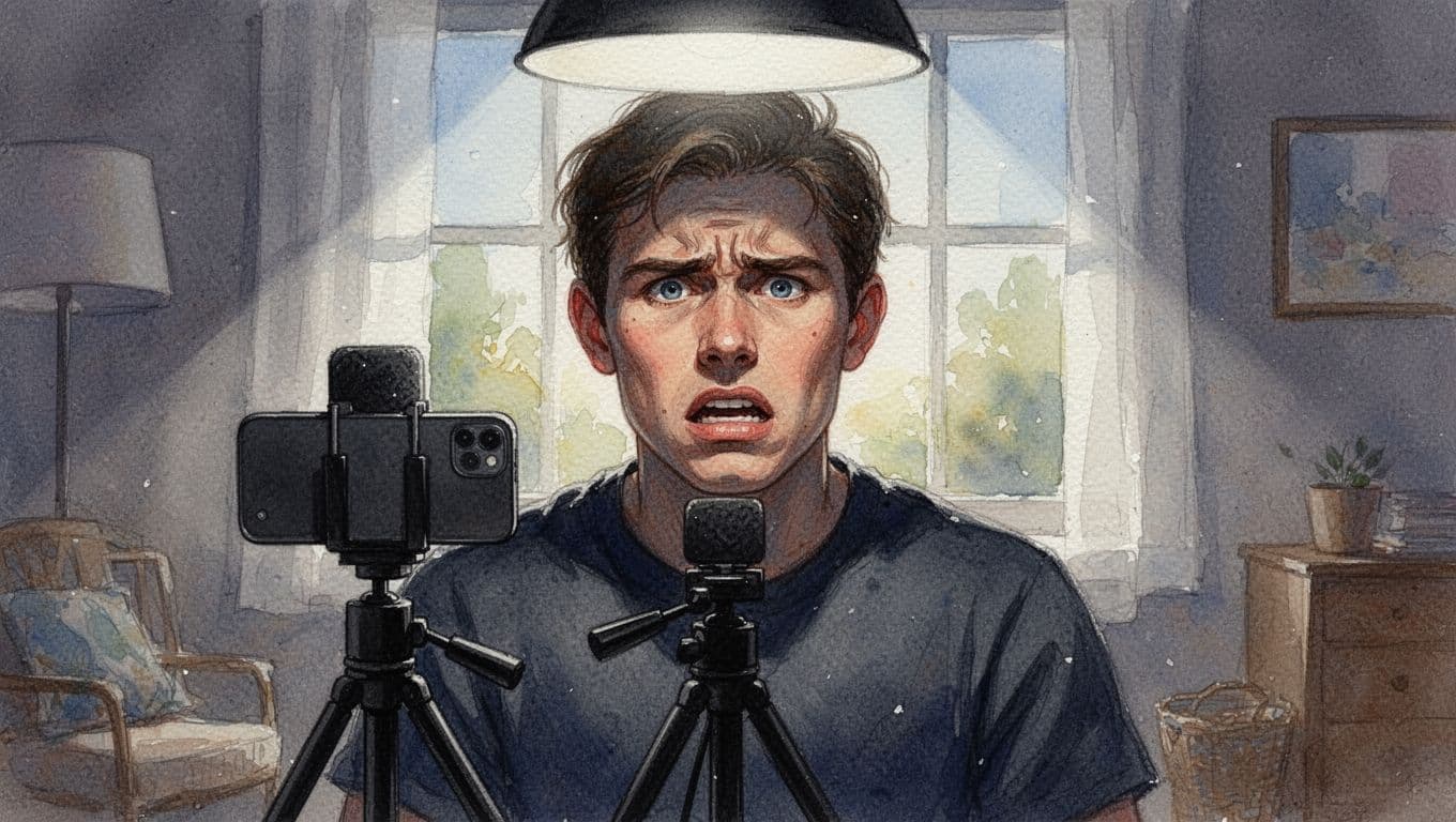 Frustrated beginner vlogger indoors under harsh overhead light casting deep shadows under eyes and nose, backlit window silhouetting figure, grainy low light with poor skin tone, phone on tripod in home room, watercolor style.