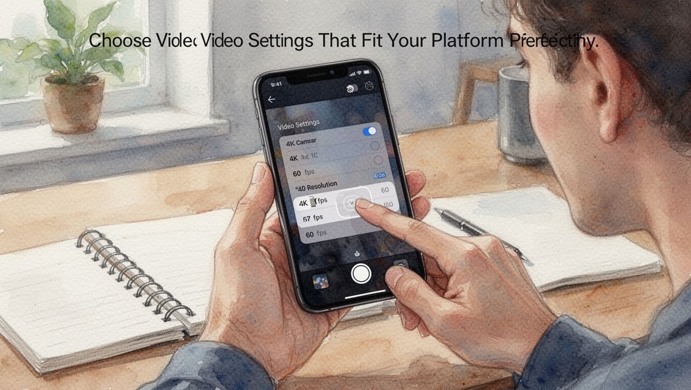 Person holding smartphone close to face, tapping video camera settings menu to select resolution and FPS in a home office setting with notebook nearby, watercolor style medium shot.