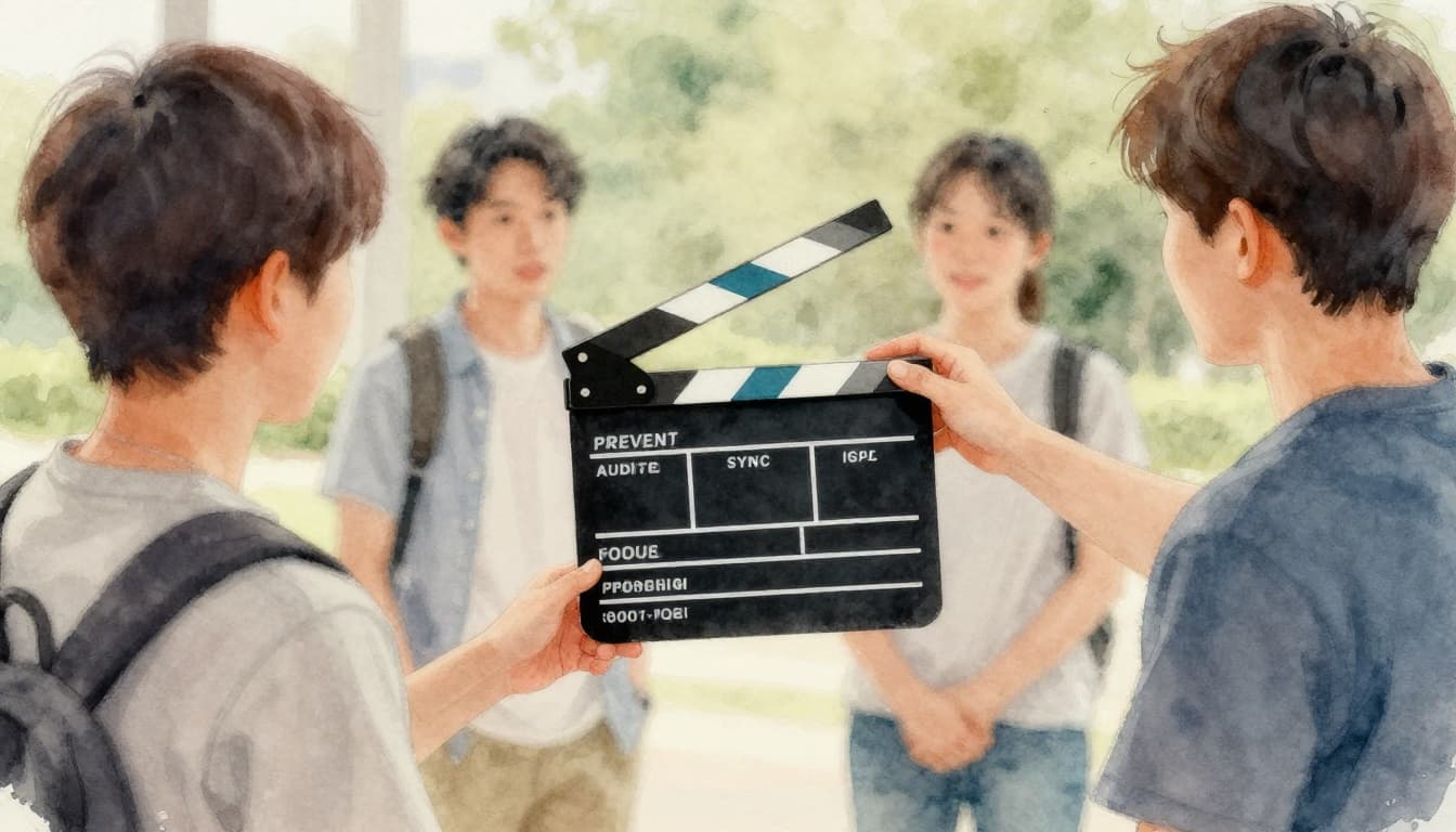 A person holds and snaps a clapperboard shut at the start of an outdoor video shoot, with two people watching, captured in watercolor style with soft blending, visible brush texture, and neutral tones focused on the clap action.