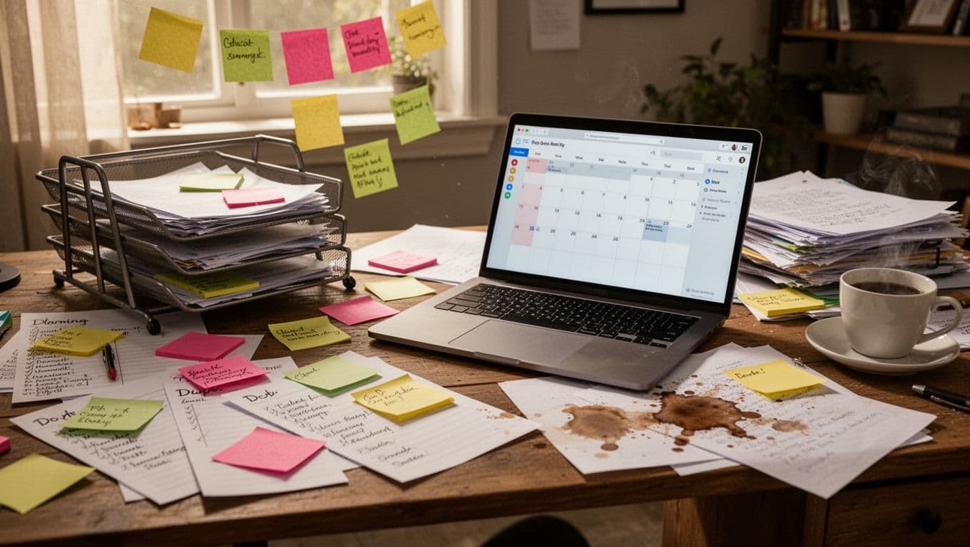 Cluttered desk in a home office featuring scattered sticky notes, overflowing inbox tray, multiple to-do lists, open laptop calendar, and coffee stains under morning light. Realistic high-detail photography with no people, text, logos, or watermarks.