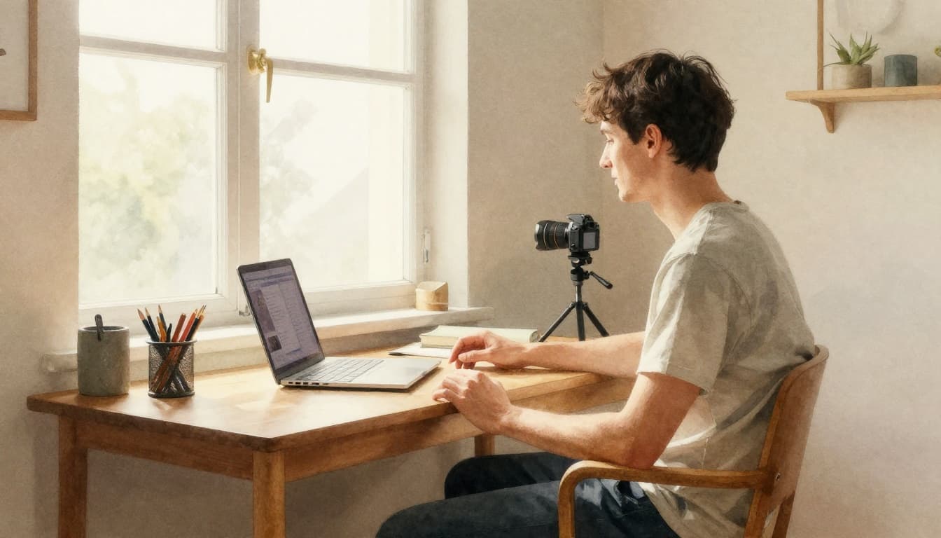 A content creator sits in a cozy home office at a 45-degree angle to a large window, bathed in soft natural key light for flattering video lighting, rendered in watercolor style with muted earth tones.
