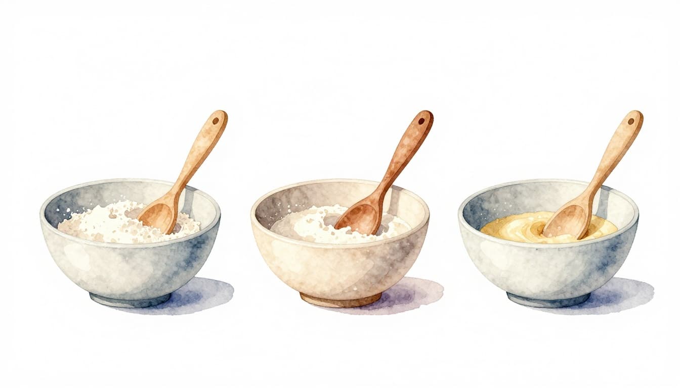 Watercolor icons depicting three simple steps for mixing cookie dough: bowl with flour, spoon stirring, and oven preheating, arranged in sequence on a clean kitchen table with soft blending and brush texture.