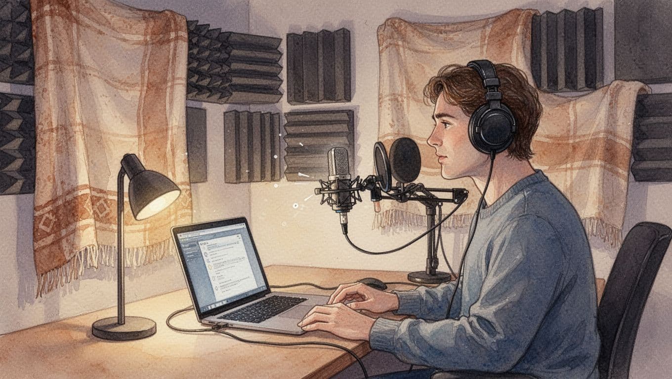 Watercolor illustration of a cozy home office for podcast recording with walls treated using blankets and foam panels, person in over-ear headset connected to laptop, USB mic 6 inches from mouth on stand, organized desk, and soft warm lighting.