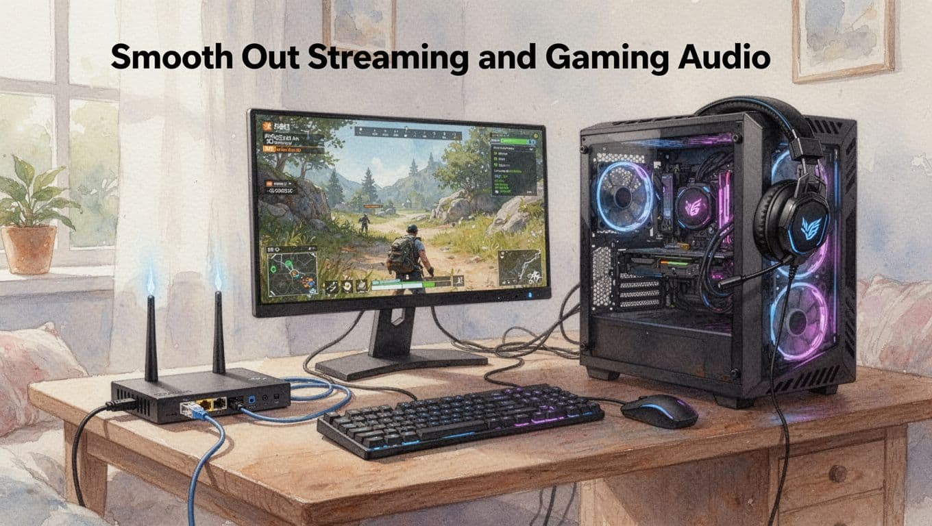 Watercolor illustration of a gaming PC setup in a cozy room with ethernet cable connected to router and PC, wired gaming headset via USB, screen showing low latency game mode, soft natural light, no people or extra devices.