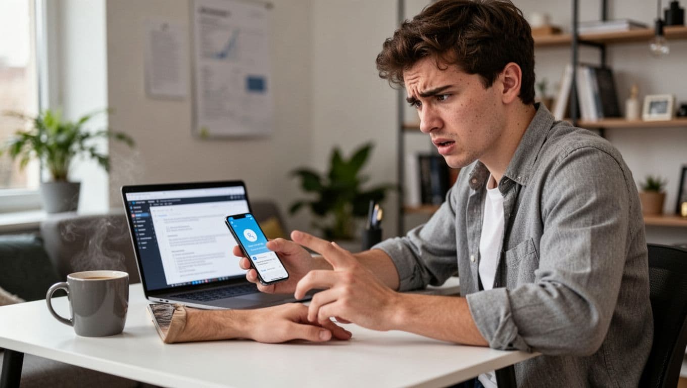 Young professional at modern desk distracted by smartphone notification, laptop blurred with work document, coffee mug nearby in home office, frustrated expression.