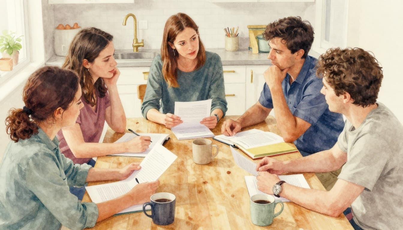 Three diverse writers—one man and two women aged 25-40—gather casually around a kitchen table covered in printed manuscript pages, coffee mugs, and notebooks. One woman points thoughtfully at a page while the others nod in agreement, capturing a friendly discussion atmosphere in watercolor style with soft blending, visible brush texture, and a warm palette.