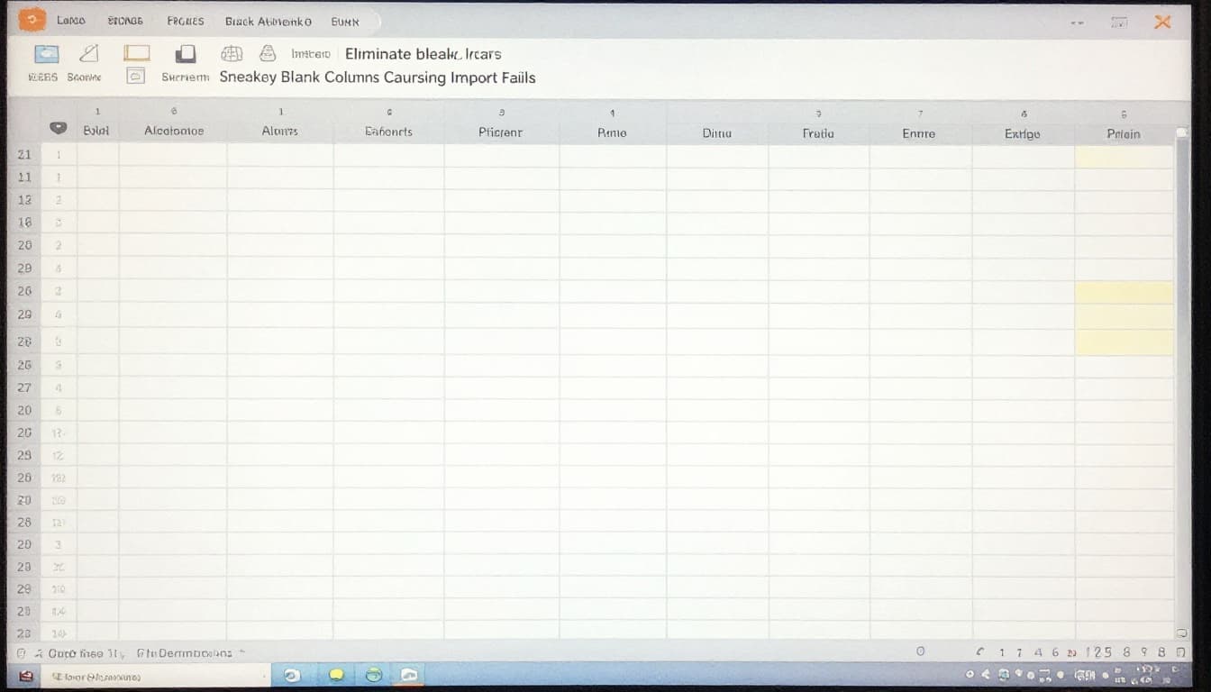 Watercolor-style illustration of an Excel sheet viewed on a workspace monitor, featuring extra blank columns on the right side highlighted where data ends abruptly but empty cells extend far, with soft blending and brush texture.