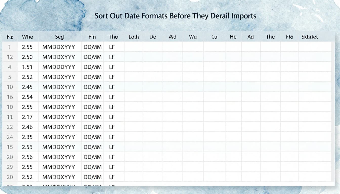 Watercolor illustration of a computer screen showing a spreadsheet column with mixed MM/DD/YYYY and DD/MM/YYYY dates converted to numbers after import, simple desk background, soft blue-gray tones, visible brush texture.