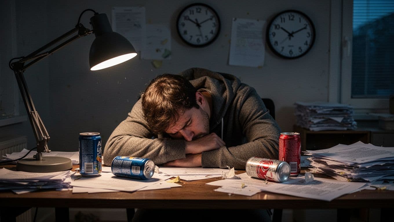 Realistic photo of an exhausted freelancer slumped at a desk late evening, head on arms amid empty energy drink cans, dim lamp light, 11 PM clock, and messy papers, somber mood.