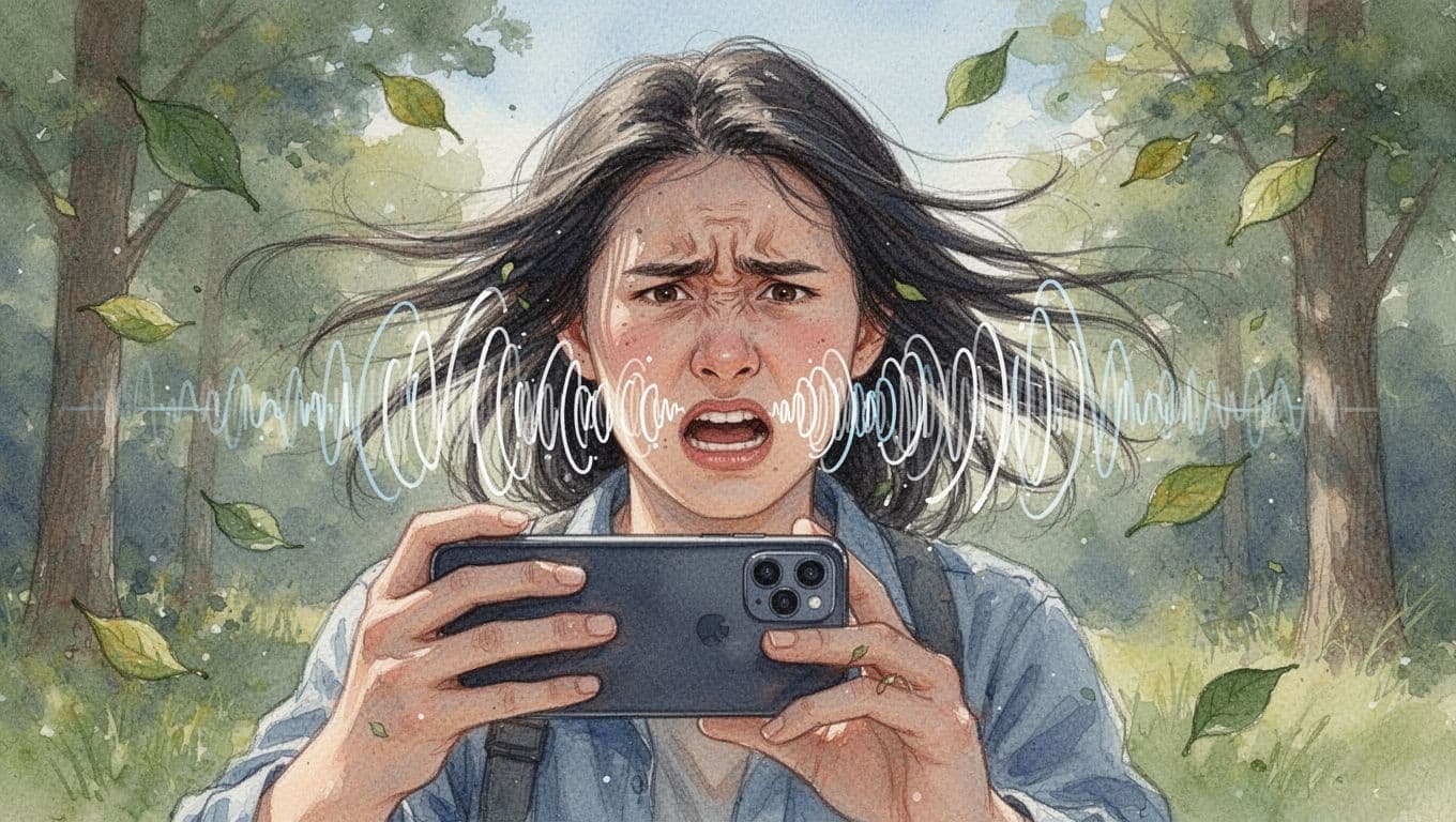 A person with wind-blown hair records a smartphone video outdoors, featuring muffled audio visualized by distorting wavy sound lines and a frustrated expression, in watercolor style.