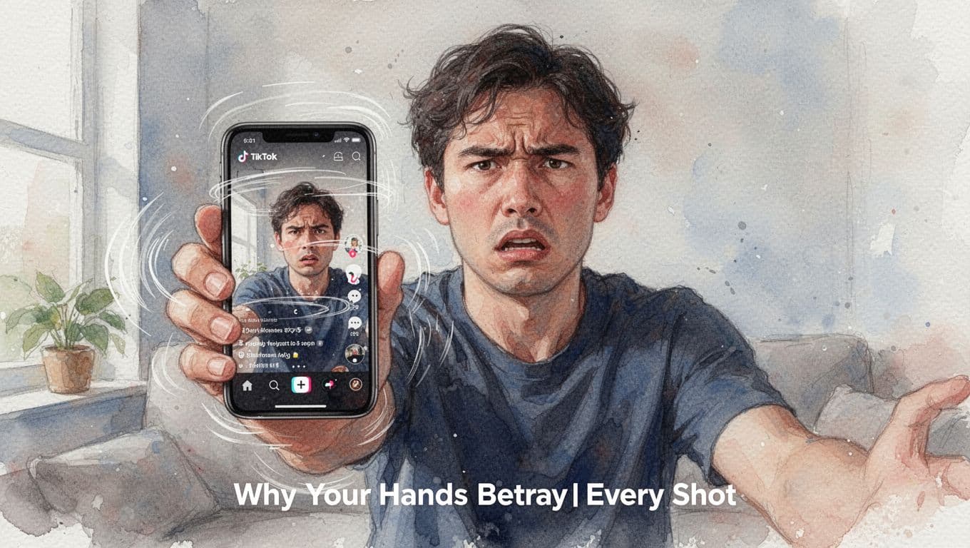 Frustrated person holding smartphone at arm's length indoors with visible hand shake, jerky motion blur distorting TikTok video preview, in watercolor style.