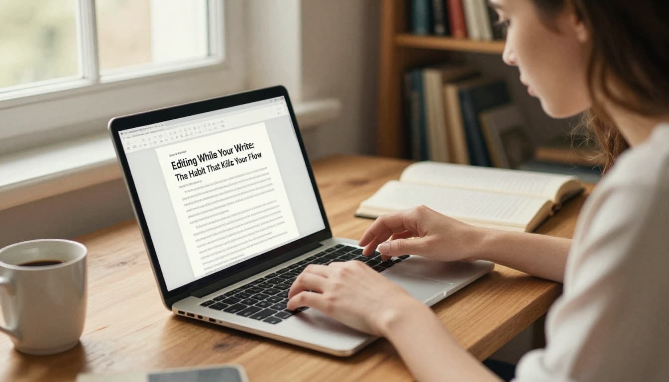 A frustrated young female writer in her 20s sits at a wooden desk with an open laptop, hand hovering over the backspace key mid-writing in a cozy home office with bookshelves, window light, and coffee mug, in watercolor style with warm palette.