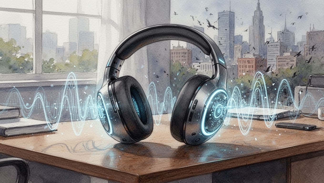 Futuristic wireless over-ear headphones with glowing AI noise cancellation waves blocking city noise, on a wooden desk in a quiet home office, in watercolor style.