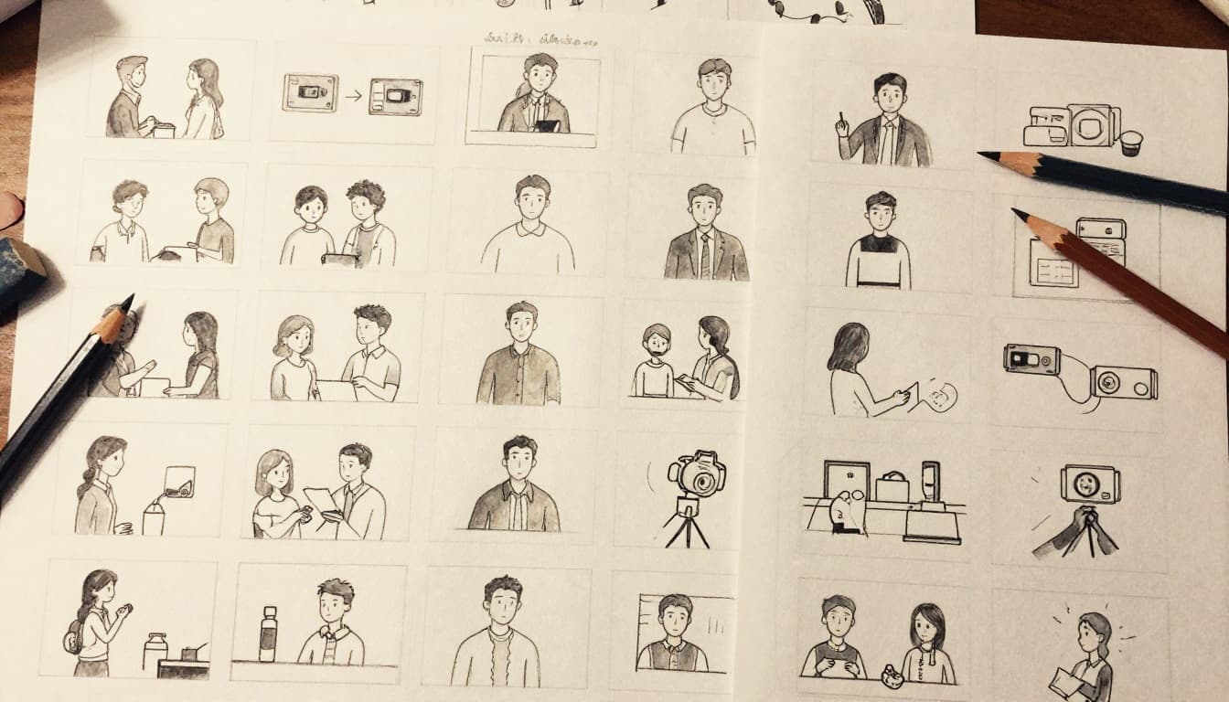 Hand-drawn storyboard sketches of video scenes spread across a table, with simple pencil drawings showing camera angles and actions like talking head and product demo, eraser shavings, and pencils nearby, in watercolor style with soft blending and warm earthy palette.