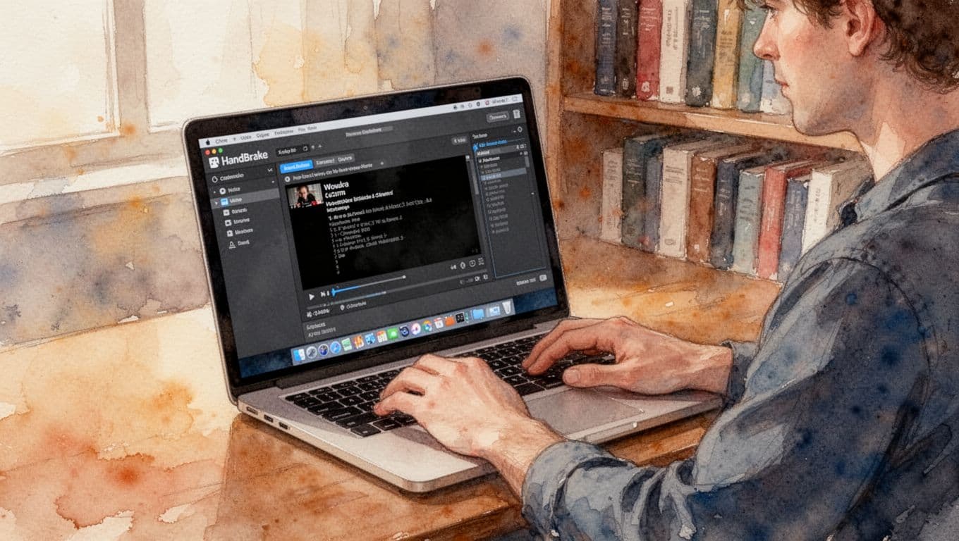 A relaxed individual uses HandBrake software on a laptop to compress video files, rendered in watercolor style with soft brush textures, warm room lighting, bookshelves background, single angled laptop screen without readable text.