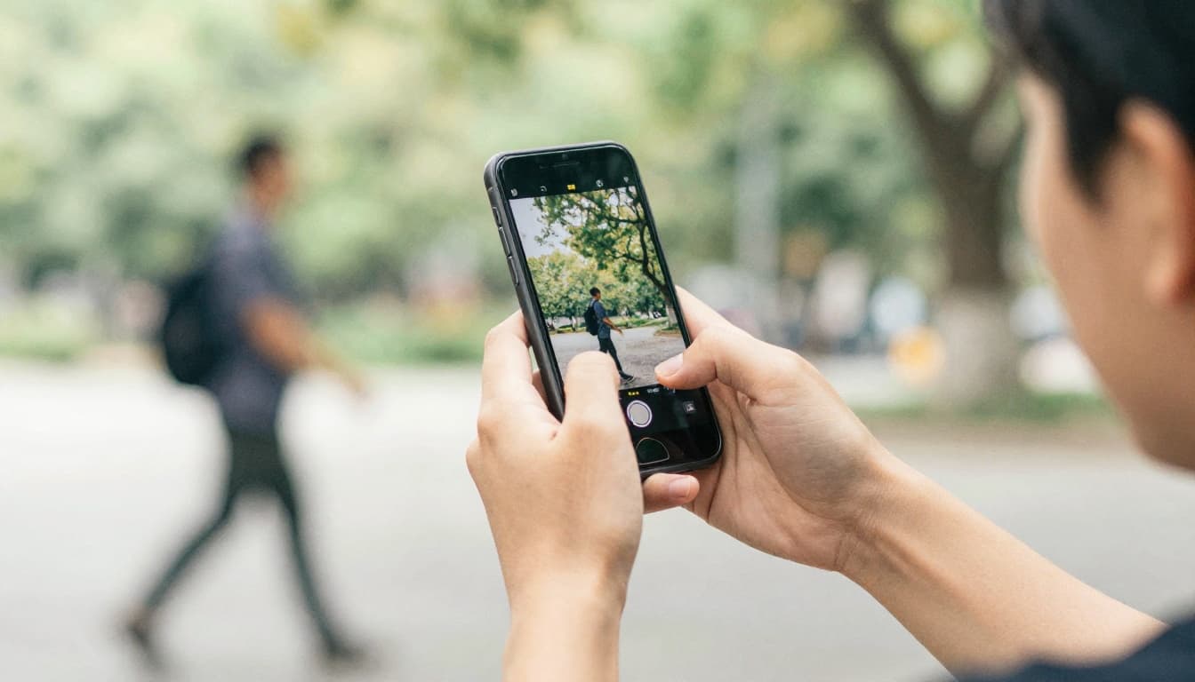 Profile view of a person walking smoothly outdoors while holding a smartphone steadily with both hands and elbows tucked, featuring slight motion blur on background trees, in watercolor style with soft blending and natural daylight tones.