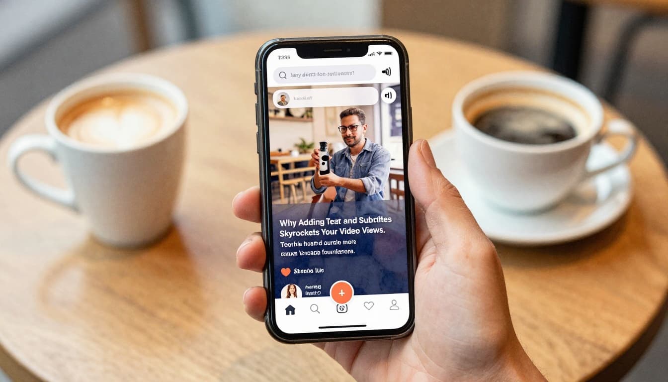 Watercolor style close-up of a smartphone held in one hand on a cafe table with coffee cup nearby, screen displaying a social media video with vibrant subtitles at the bottom and muted audio icon, warm lighting and soft brush textures.