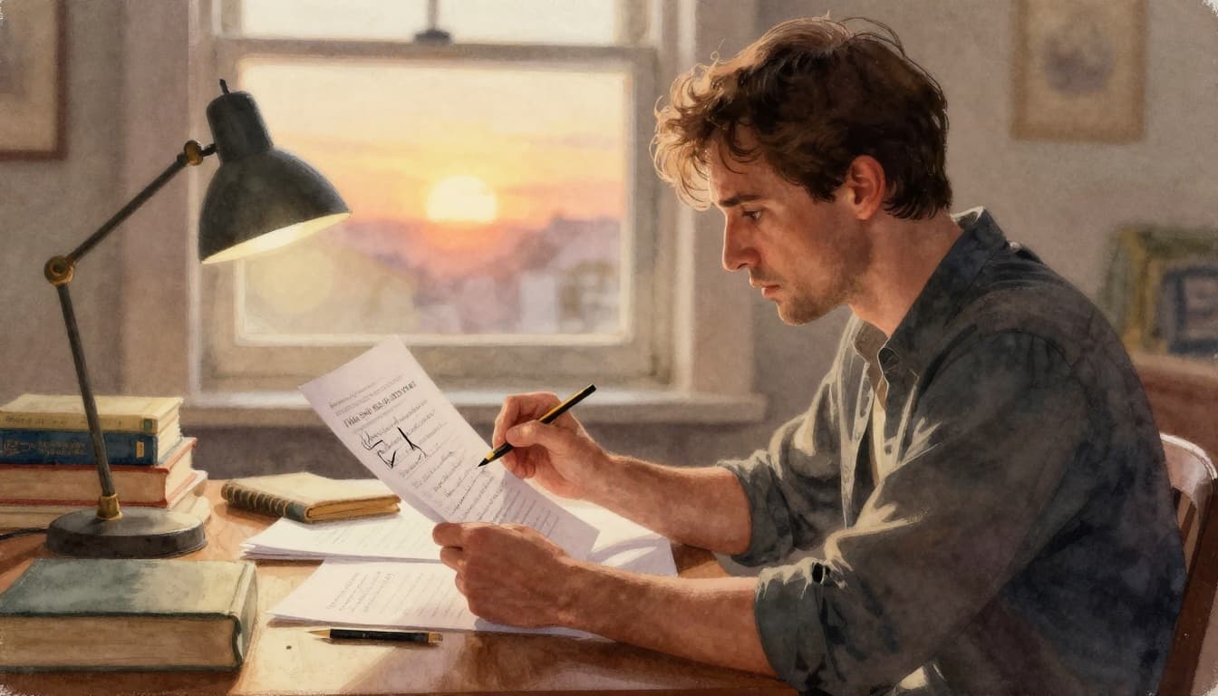 A thoughtful male writer in his 30s sits at a desk, holding a printed page with pencil cross-outs, hesitating to delete more from an intense emotional scene that's blurred in the background. Warm sunset glow through the window casts a soft light on books and a lamp in this watercolor-style illustration.