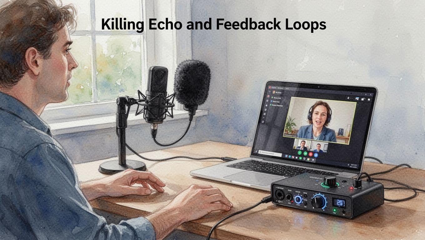 Watercolor illustration of a home office desk during a video call, showing one person speaking into a directional microphone with foam windscreen, laptop with unreadable call interface, low gain on audio interface, quiet room with natural daylight. Demonstrates ideal setup to kill echo and feedback loops.