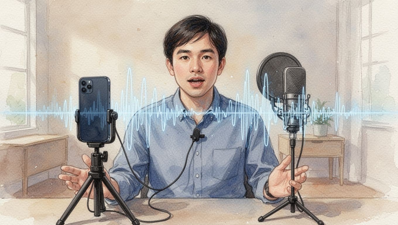 A person speaks closely into a lavalier microphone clipped to their shirt, connected to a smartphone on a tripod, with straight strong sound waves in watercolor style.