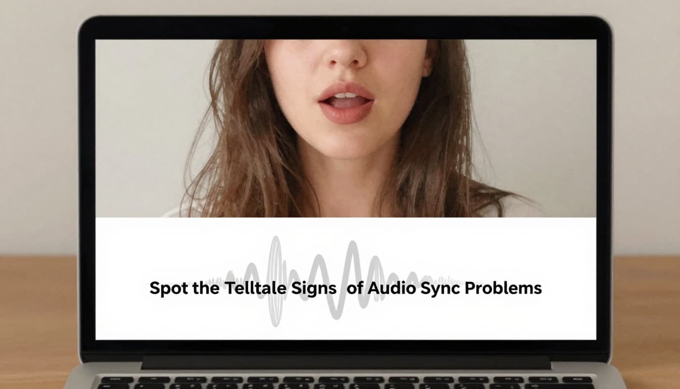 Split-screen watercolor illustration depicting lips moving ahead of misaligned sound waves in a video frame on a simple laptop desk setup.