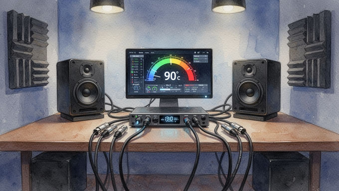 Music production desk featuring an audio interface with temperature under 90C, standard XLR cables to speakers, bass traps in corners, organized with soft studio lighting in watercolor style.