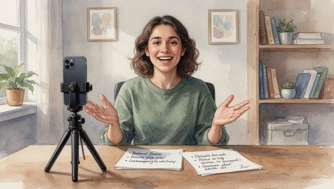 Person speaking naturally on camera to smartphone on tripod in cozy home office, relaxed smile, open posture gesturing with hands, bullet point notes on table, watercolor style with soft blending.