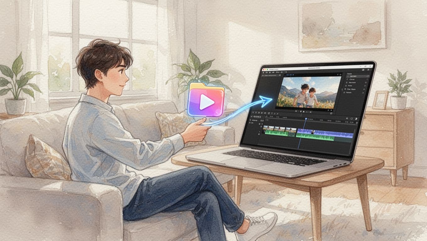 A relaxed person in a bright living room drags a video file icon from a folder onto the laptop's timeline screen at an angle, in a simple home setup. Watercolor style with soft blending, visible brush texture, and warm neutral palette.