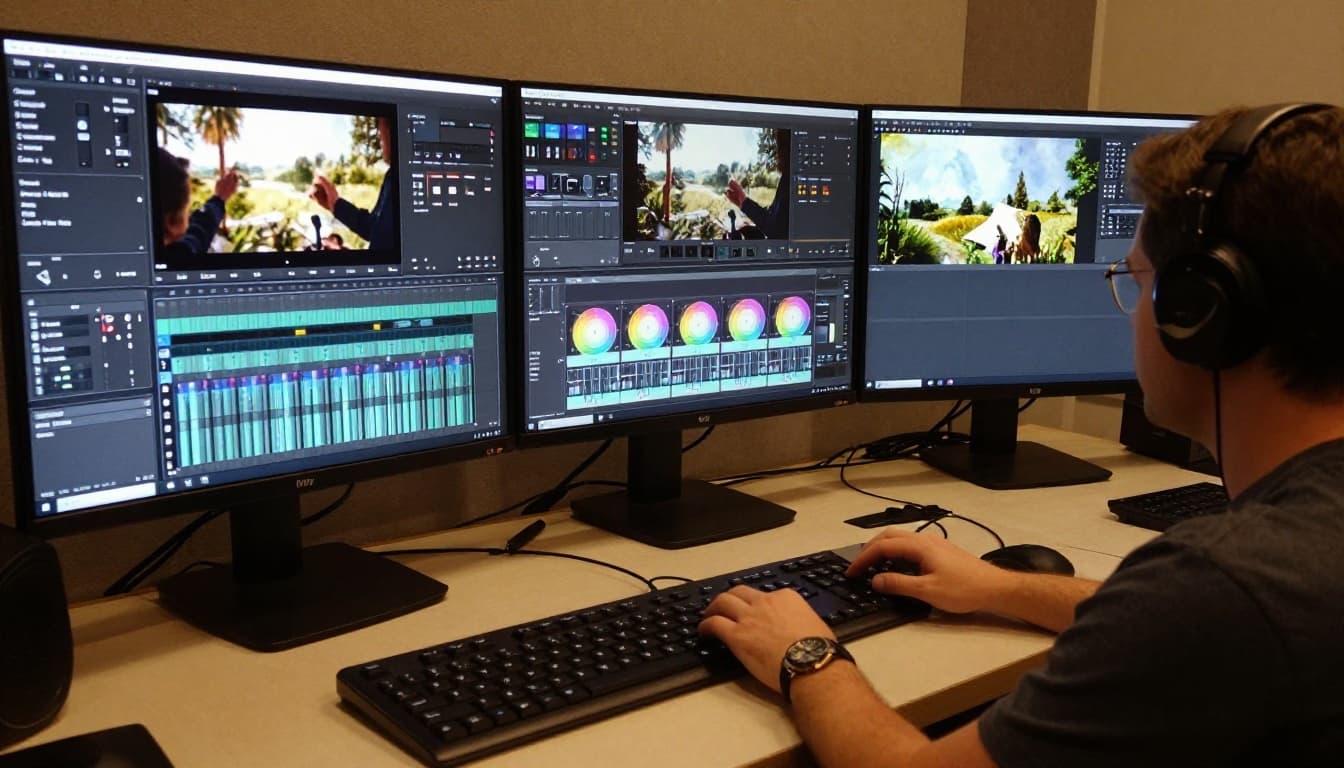 Professional video editor in a focused studio adjusts color wheels and audio levels on a large screen with subtle before-after footage, rendered in watercolor style with soft blending, warm tones, and brush textures.