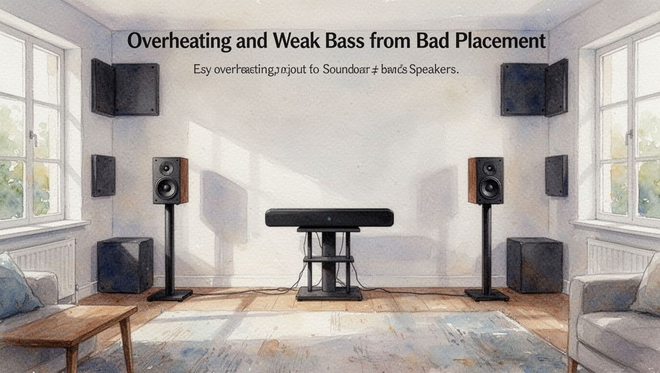 Watercolor style living room with soundbar on stand away from walls, speakers on stands at ear level, bass traps in corners, simple furniture, natural light, no people or extra devices.