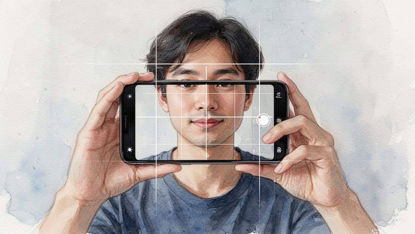 A person stands close to the camera, setting up a smartphone video shot with a visible rule of thirds grid overlay on the screen, key elements aligned to intersection points, in a watercolor style with soft blending and brush texture on a clean background.