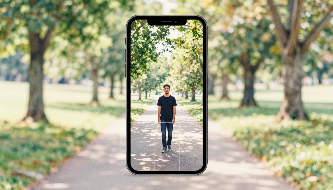 Smartphone scene in a park framed with subtle rule of thirds grid overlay, off-center subject looking at viewer with leading lines from path, in watercolor style with soft blending and brush texture under afternoon light.