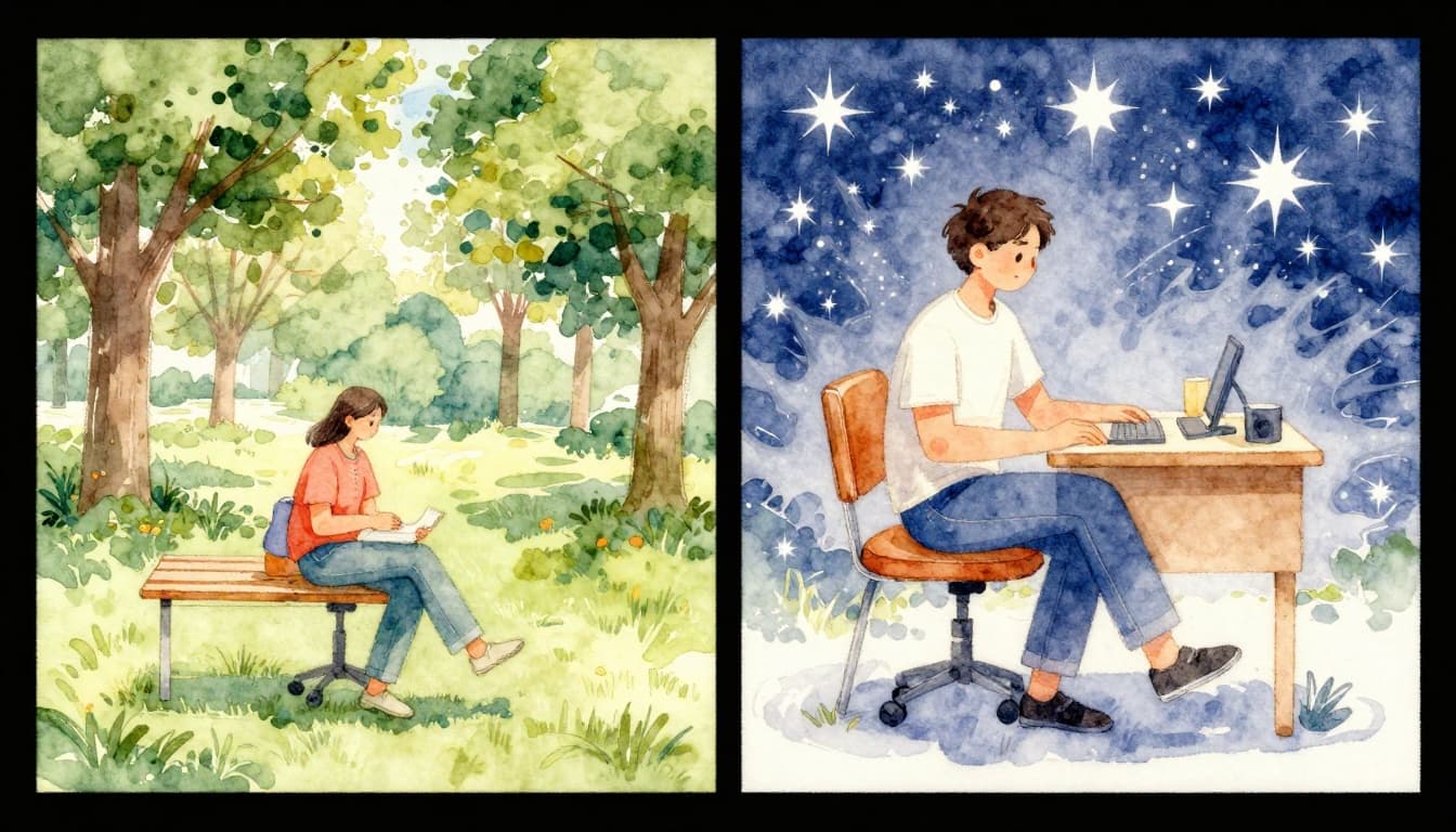 Split screen watercolor illustration contrasting a smooth professional hard cut from a person walking in a park to sitting at a desk with an amateur jarring spin transition using flashy star wipe distortion, in a consistent warm palette.