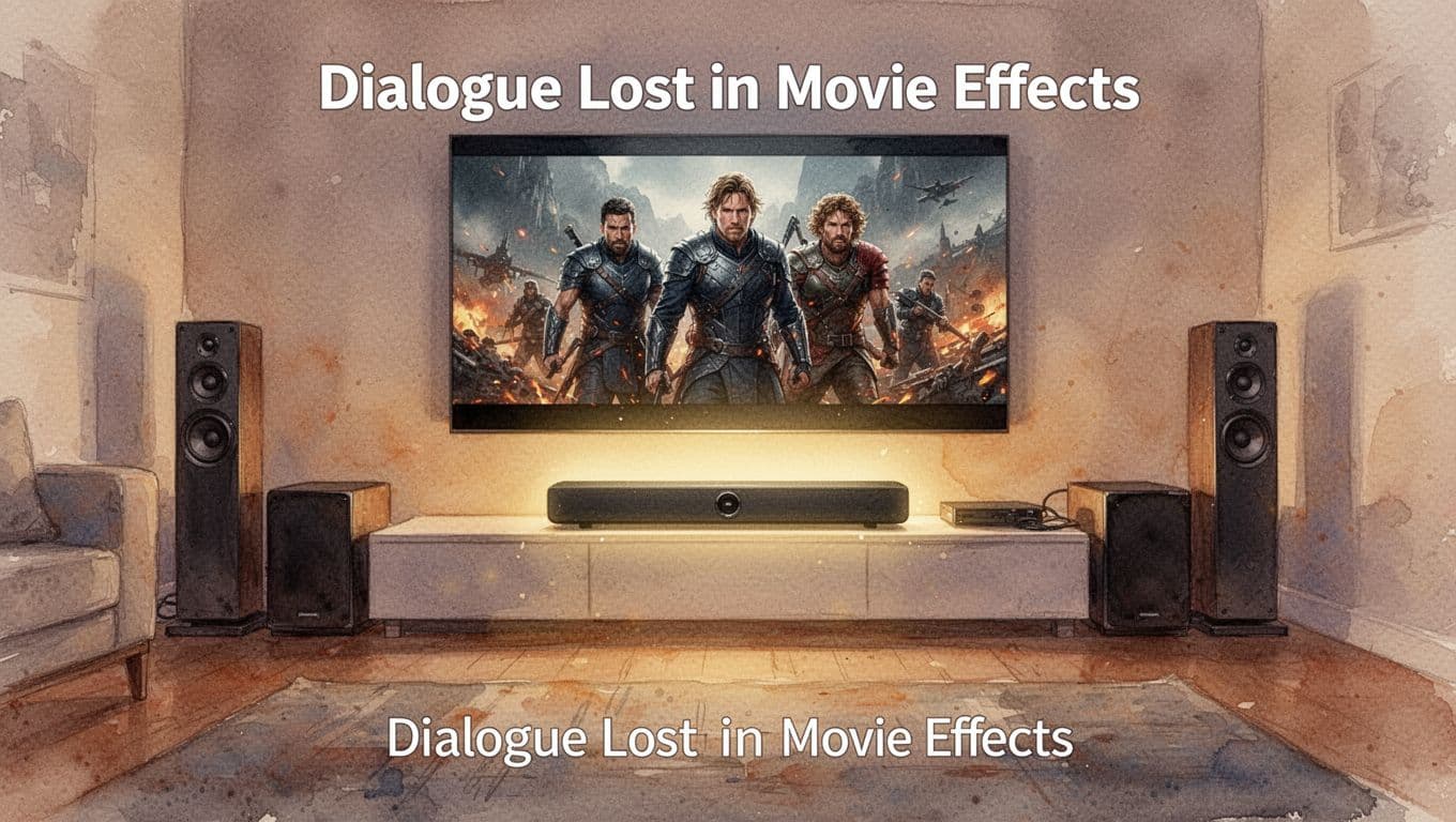 Watercolor-style home theater setup featuring a single soundbar with center channel emphasized by a glow, surround speakers in the background, movie playing on screen.