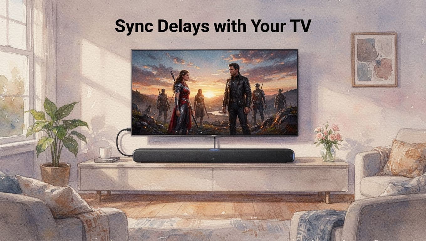 Watercolor style living room with soundbar under TV connected with HDMI cable, TV screen showing movie scene, cozy living room setting, soft evening light.