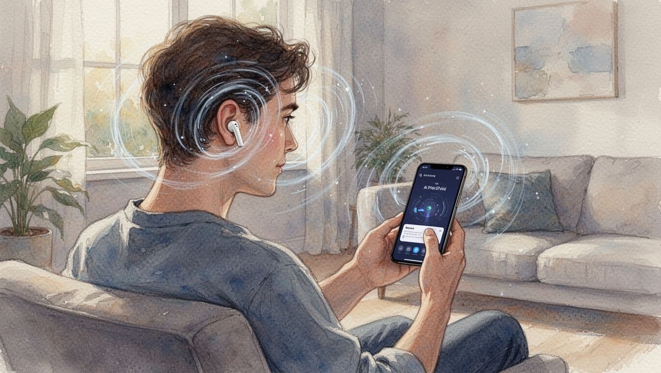 Person wearing wireless earbuds sits in a calm living room calibrating spatial audio on a smartphone, with subtle 3D sound waves around the head in watercolor style.