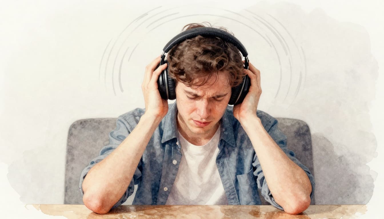 A person wearing headphones looks uncomfortable, holding their head with hands in a calm indoor room, subtle dizzy swirling lines around the head, watercolor style with soft blending and brush texture.
