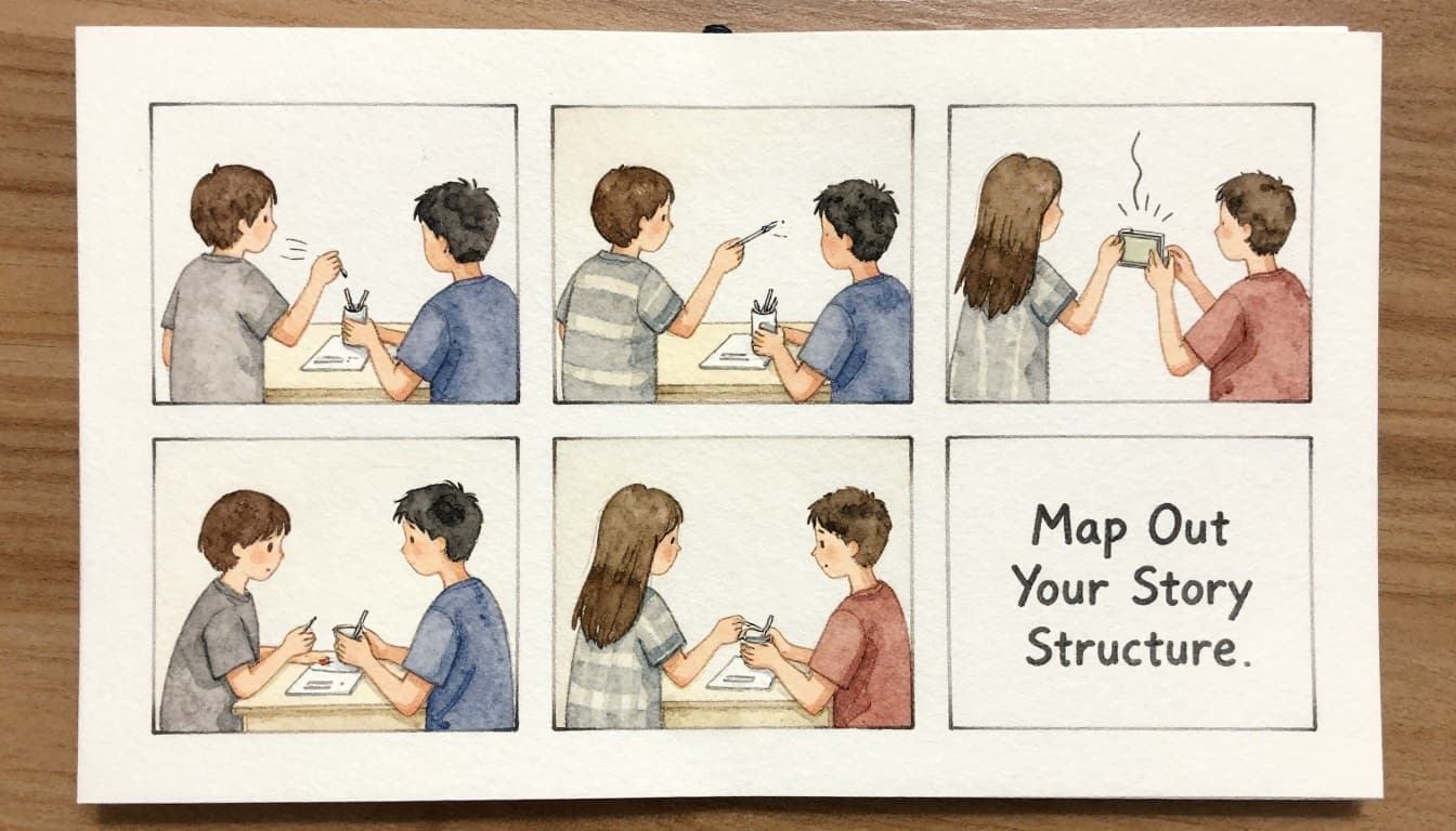 Watercolor illustration of a simple three-panel storyboard sketch on paper in a top-down desk view, featuring hook action, buildup scene, and call-to-action ending with soft blending and warm neutral tones.
