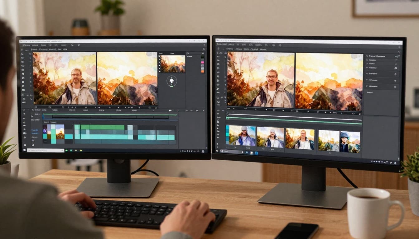 A watercolor-style illustration of a focused video editor at a cozy home office desk, working on dual monitors displaying a non-linear timeline with video clips being cut, arranged, raw footage thumbnails, and transition effects, complete with a coffee mug and warm lighting.