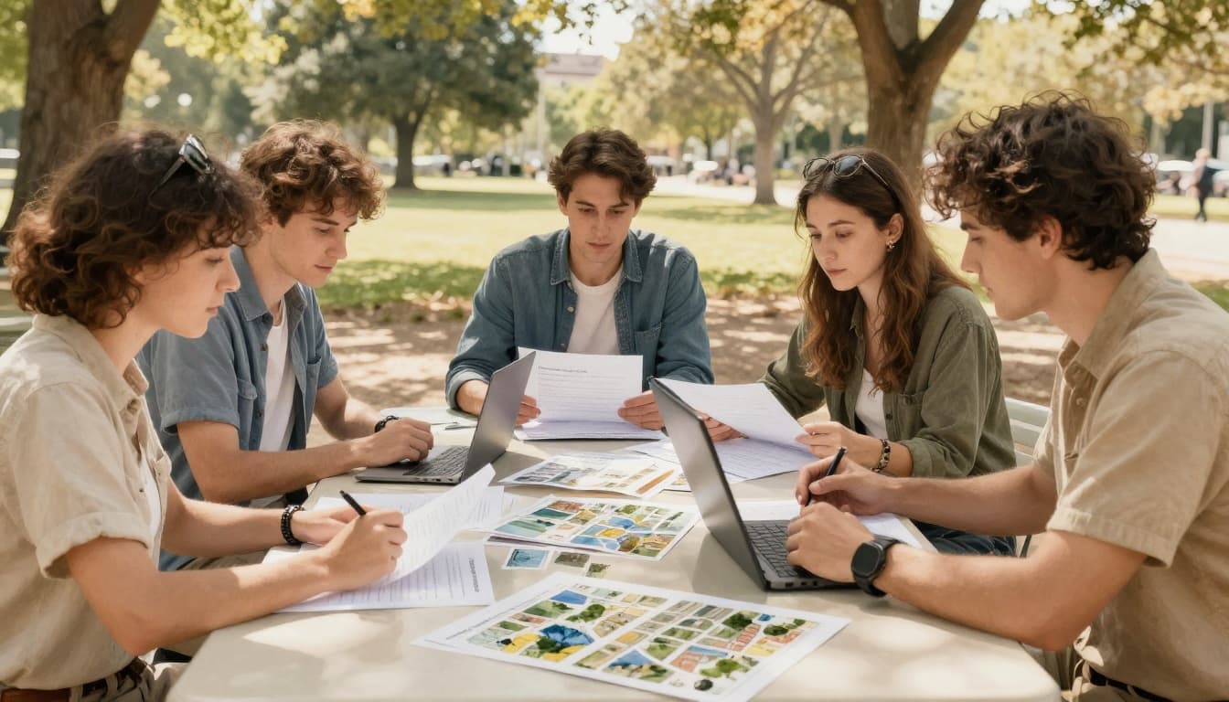 A three-person video team in casual clothes discusses pre-production around an outdoor table in a sunny park, reviewing printed scripts and location photos in watercolor style.