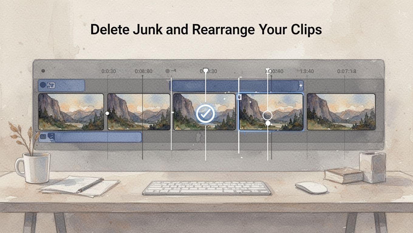 Watercolor illustration of a video timeline with trimmed clips rearranged in order, a delete icon on one segment, snapping lines between clips, and a minimal desk setup using a warm neutral palette with soft blending and brush texture.
