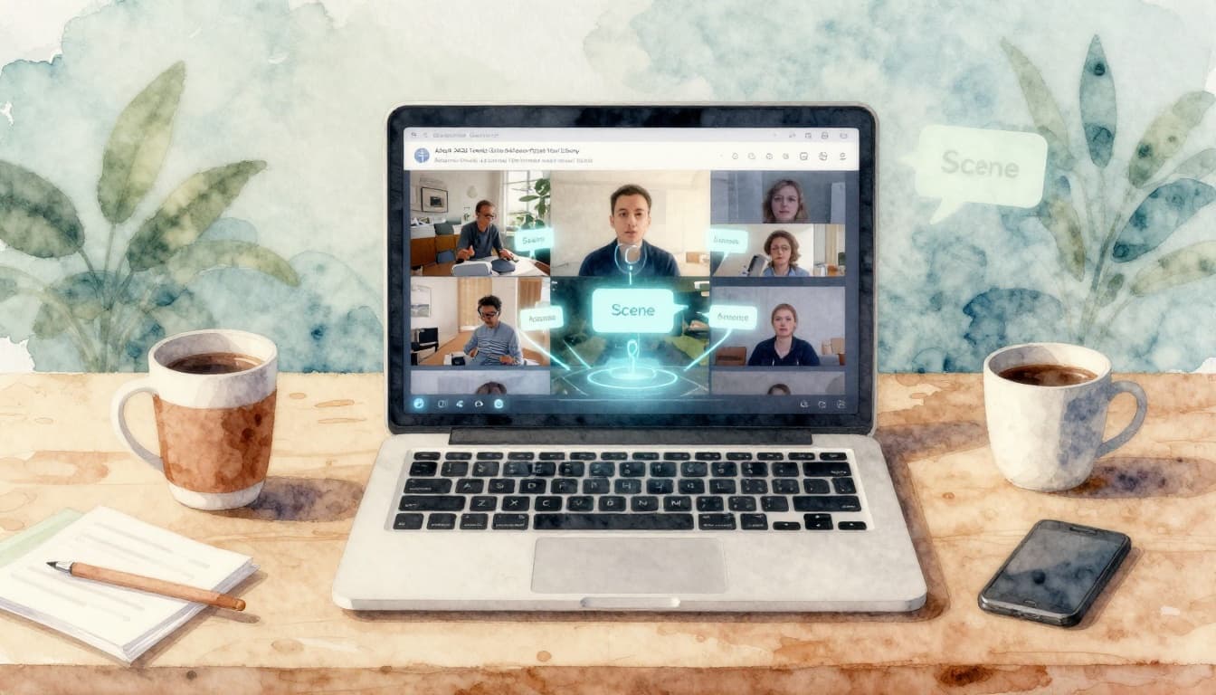 Abstract watercolor scene of AI analyzing video on a laptop with glowing tags for scenes and objects emerging around a video thumbnail, soft futuristic glow, desk with coffee and organized files, brush textures, muted earth palette on light blue-green background.