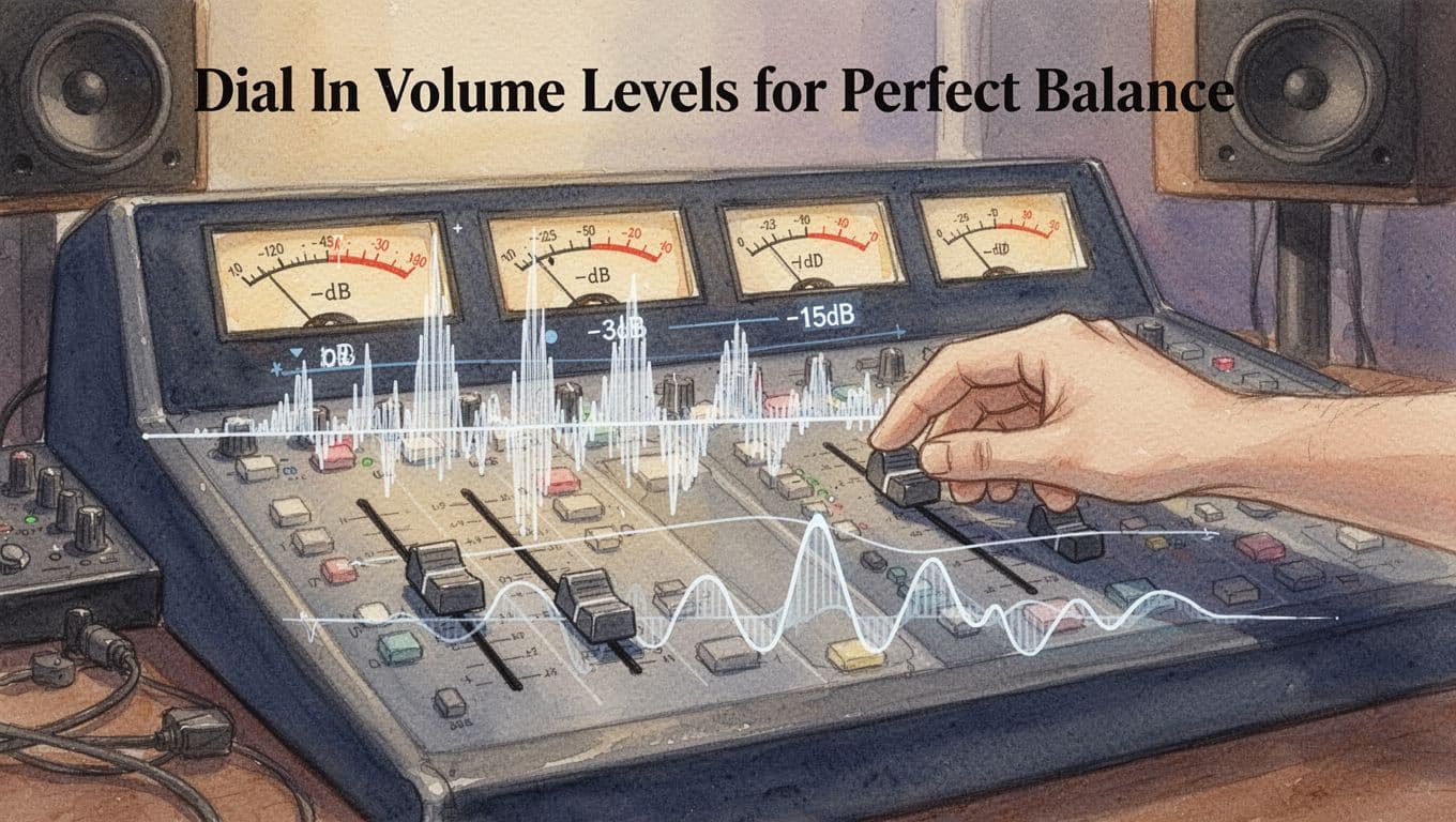 Watercolor illustration of an audio mixing desk in a cozy studio, with voice fader peaking at -3dB and music fader at -15dB, overlaid waveforms showing tall voice peaks over gentle music waves, and one hand adjusting the voice fader under warm lighting.
