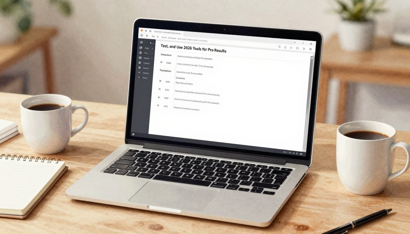 Watercolor-style illustration of a cozy beginner creator's desk with an open laptop showing a blurred script editor timeline, accompanied by a notebook and coffee mug. Features soft blending, visible brush texture, angled view, and warm room lighting with no people or readable text.